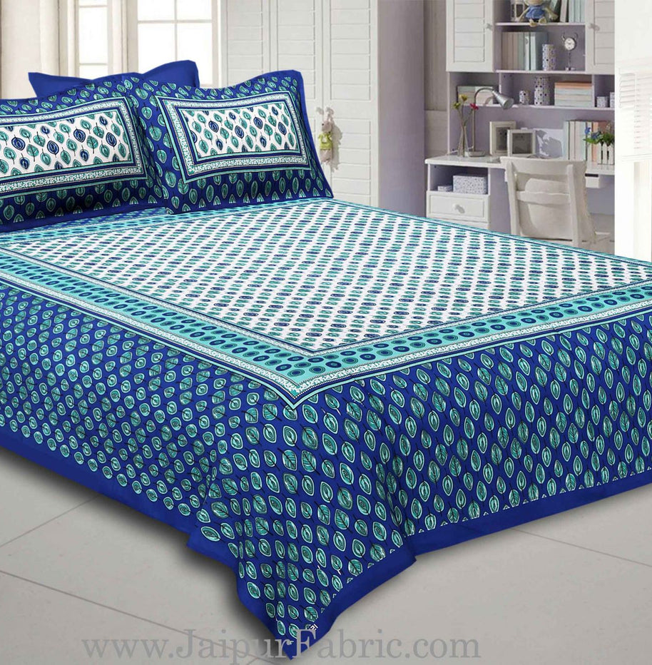 Blue Border Leaf Pattern Screen Print Cotton Double Bed Sheet