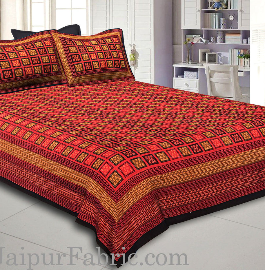 Black Border With Lining Small Check Pattern Dabu Print (Hand Block) Super Fine Cotton Double Bed Sheet