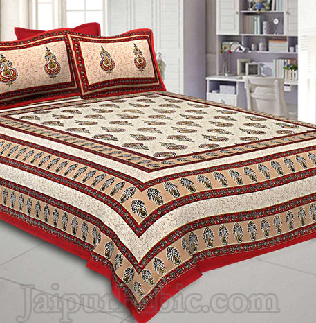 Maroon Border Cream  Base Sanganeri Print Super Fine Cotton Double Bedsheet