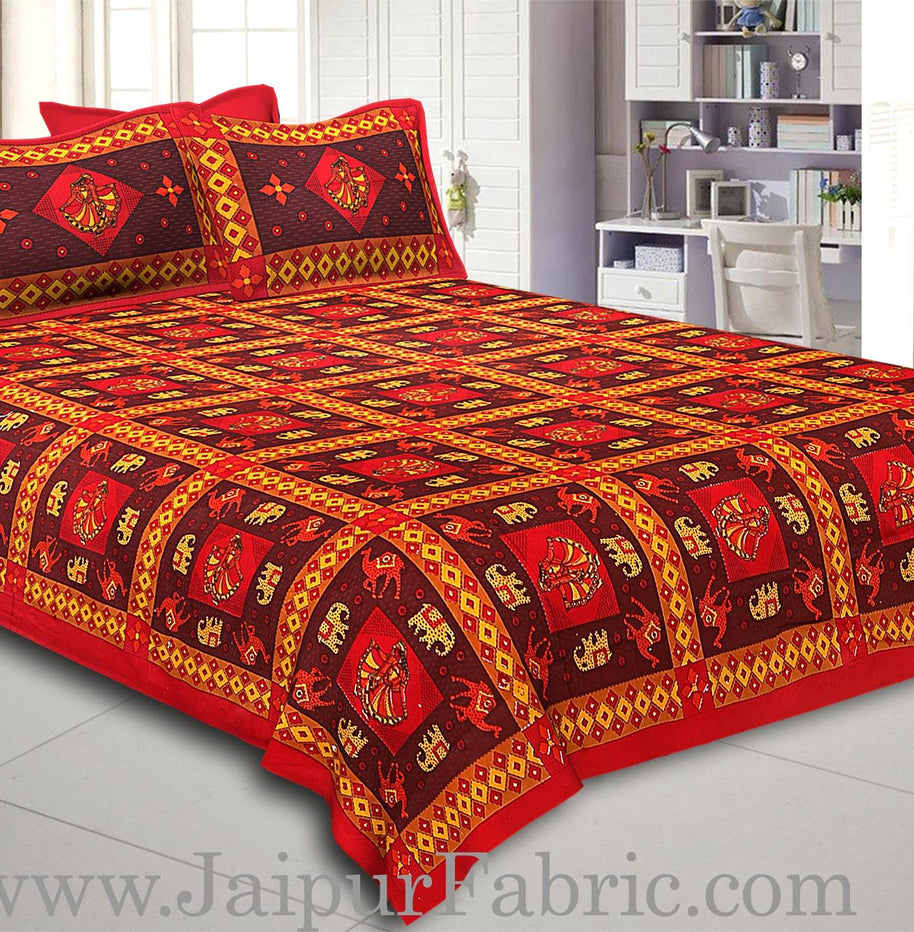 Maroon Border Maroon Base Gujri Dance In Square Pattern Cotton Double Bed Sheet