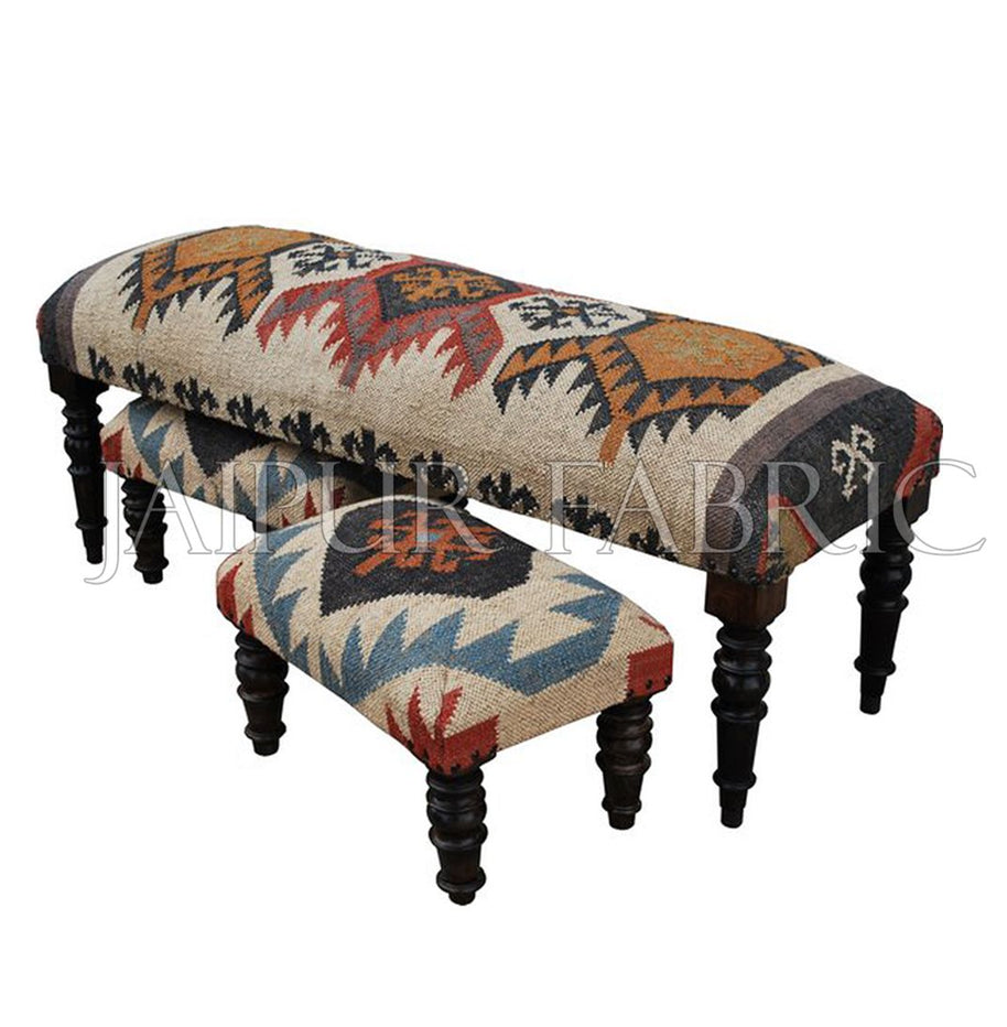 Wooden Bench Upholstered with Wool and Jute Kilim Woven with 2 Stool - Set of 3