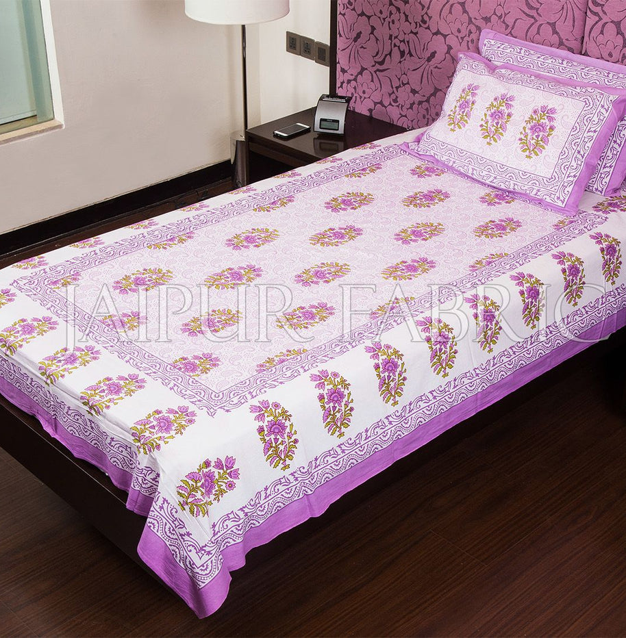 White Base Purple Floral Print Cotton Single Bed Sheet