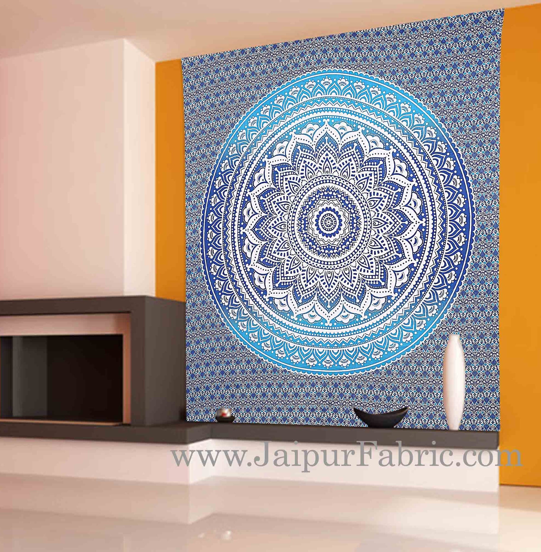 Blue Mandala Tapestry with white hippie indian traditional wall hanging and beach throw