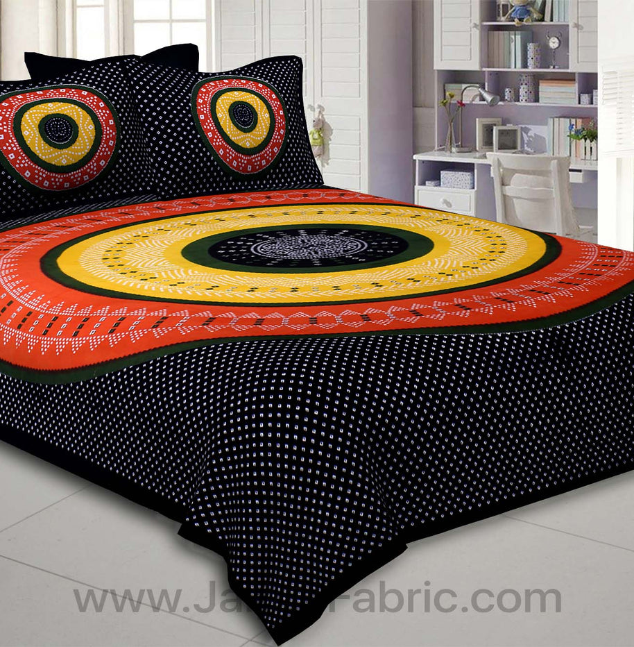 Double Bedsheet Black Red  With Round Shape Bandhej Print