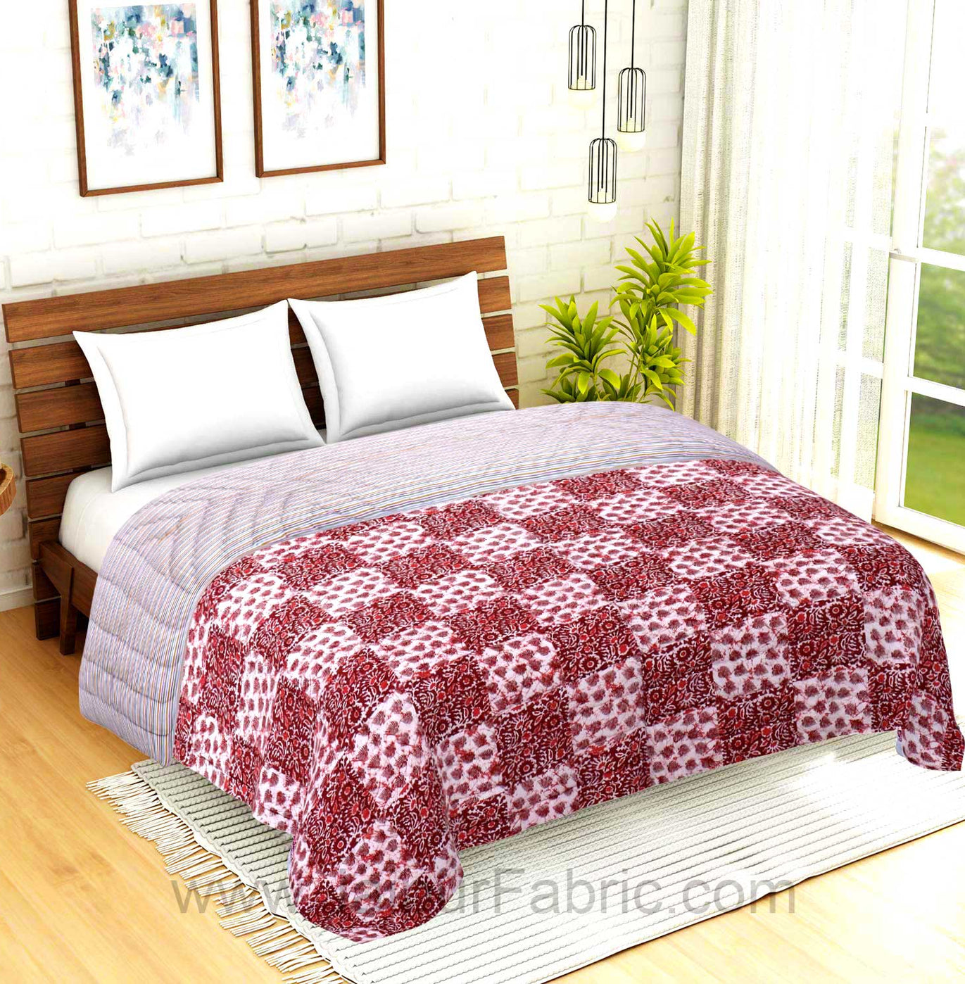 Jaipuri Quilt Redish Bagru Print Double Bed Quilt