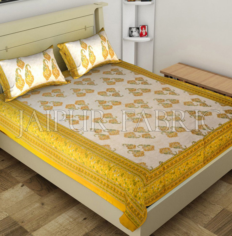 Yellow Border Boteh Printed Cotton Single Bed Sheet