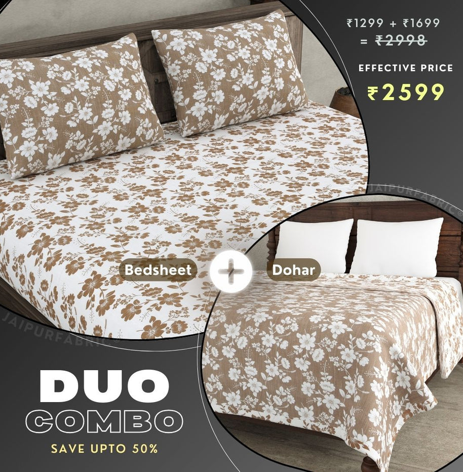 Summer Revival Brown and Off White Dohar and Bedsheet Combo