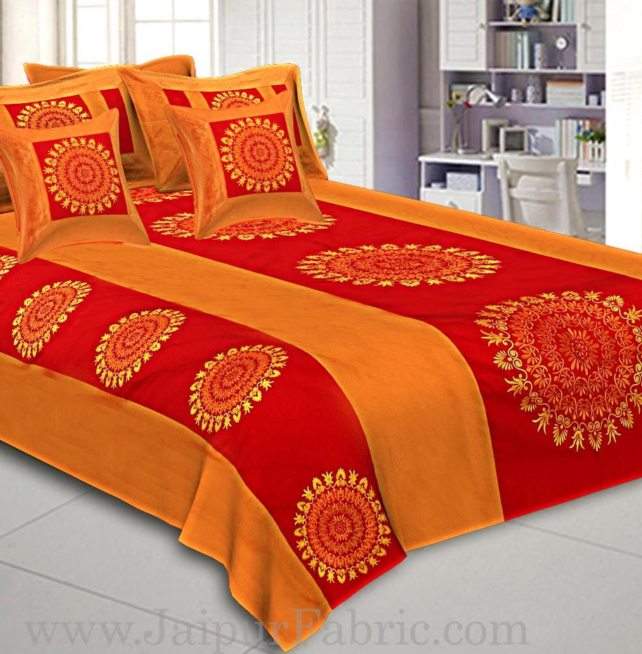 Taffeta Silk  Double Bedsheet With Heavy Embroidery Work Yellow And Red Color