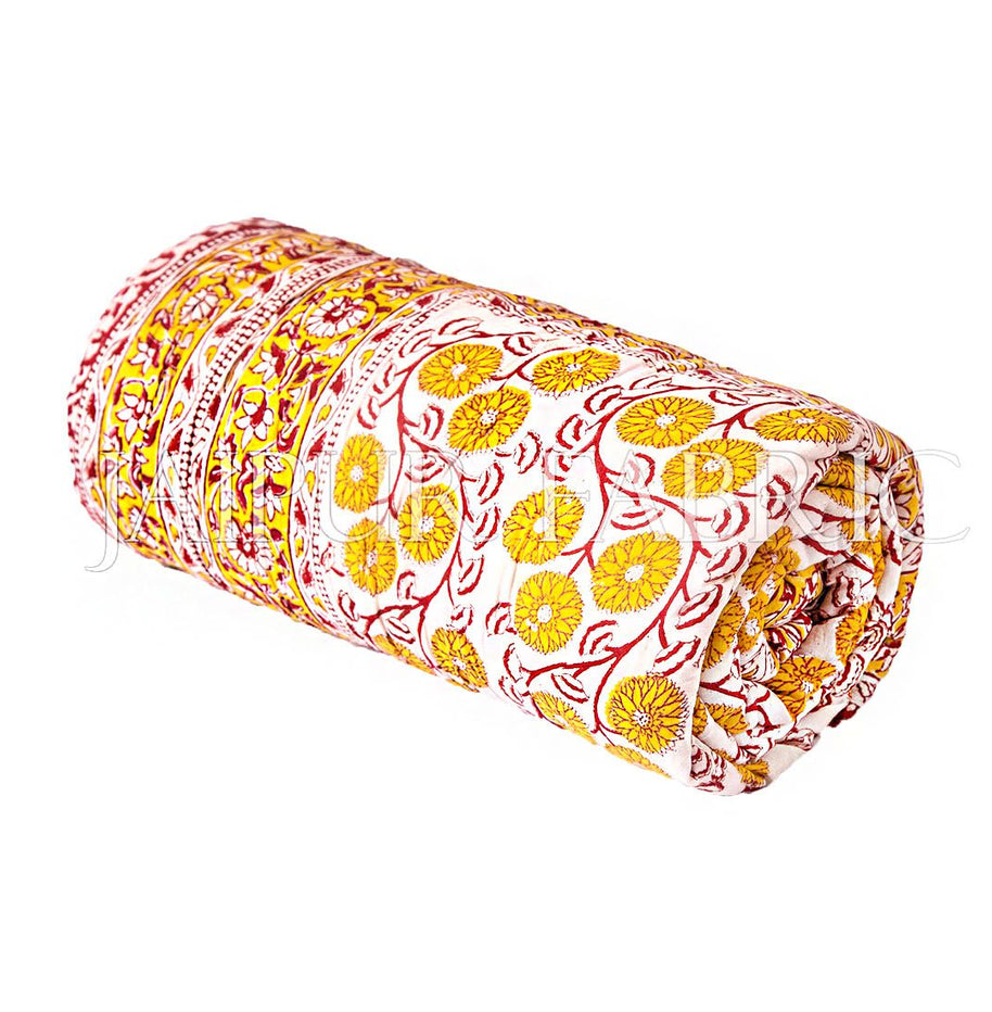 Yellow Floral Print Cotton Handmade Single Bed Jaipuri Quilt