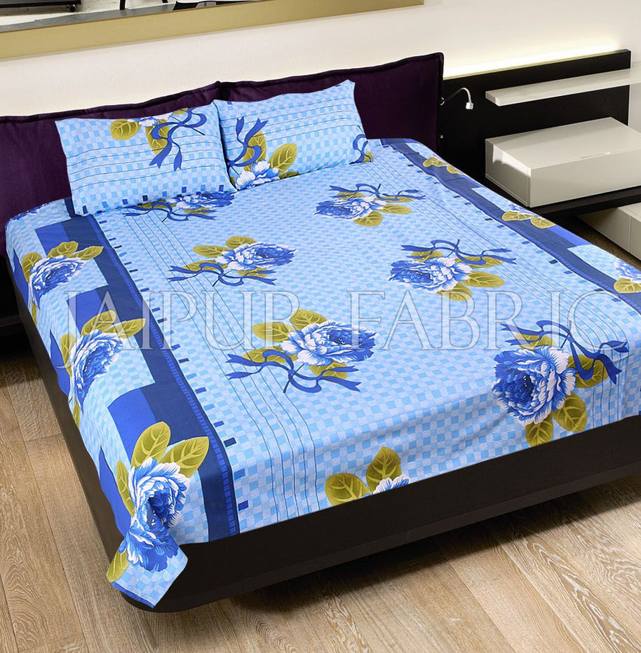 Blue Square Base with Flower Print Cotton Double Bed Sheet