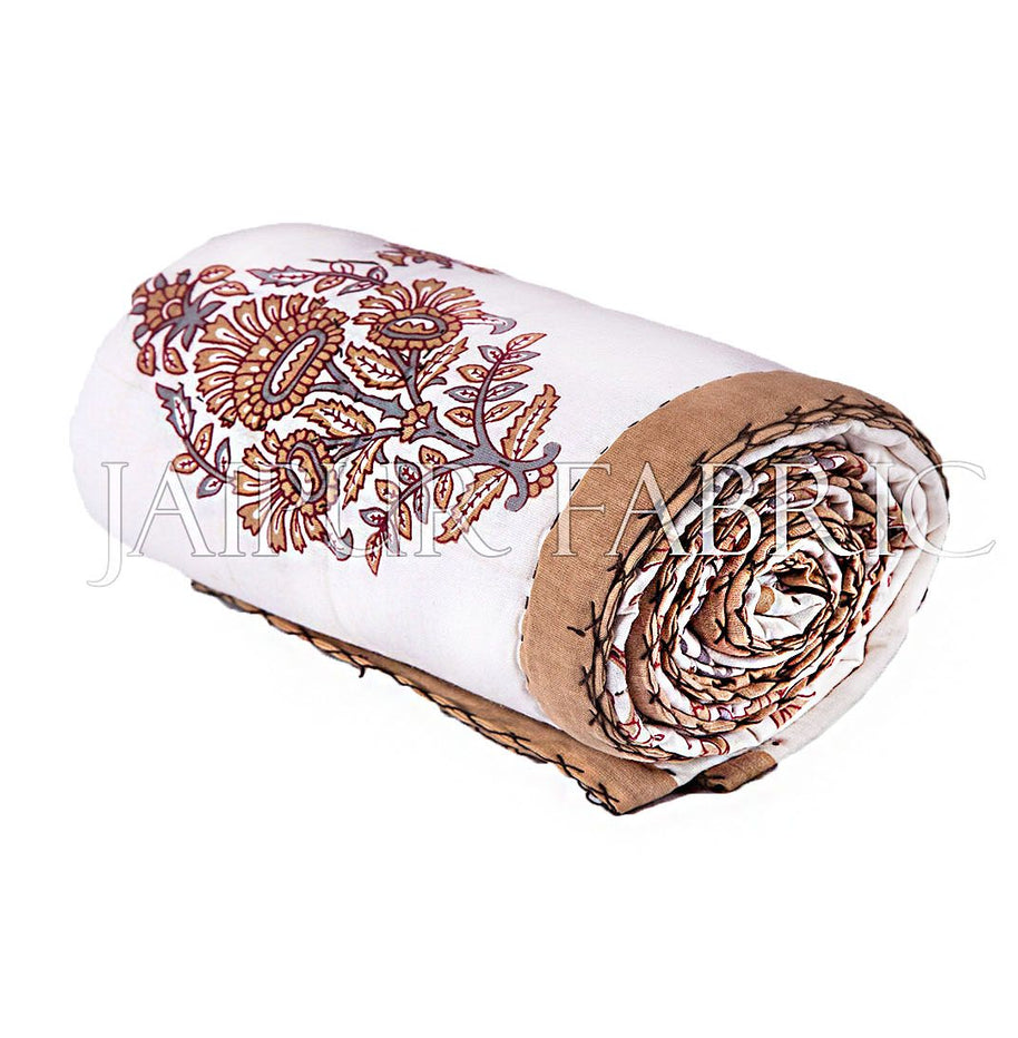 Beige Jaipuri Print Cotton AC Quilt Single Bed Quilt