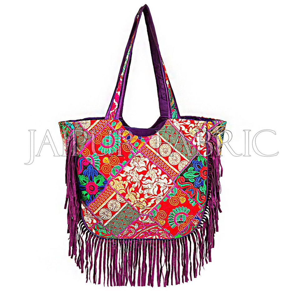 Purple Zari Embroidered With Velvet Fringes Hand Bag