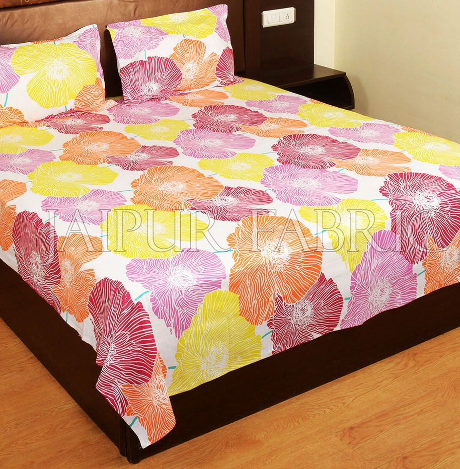 Yellow and Pink Floral Designer Cotton Double Bed Sheet