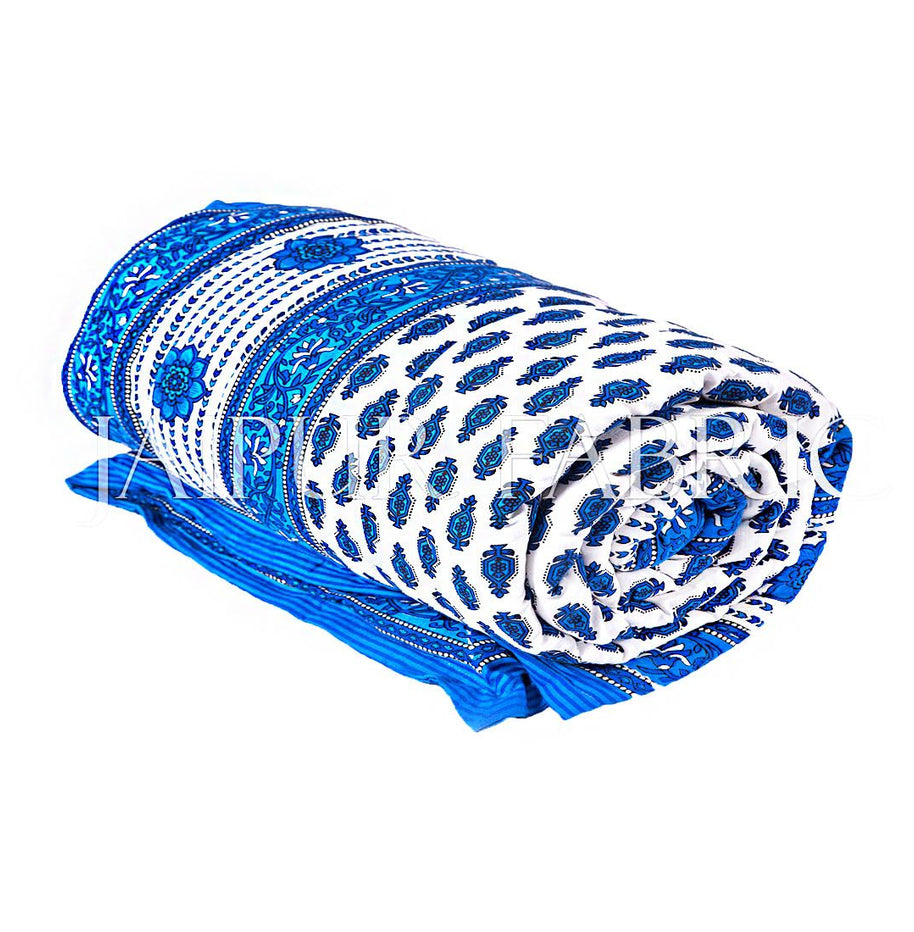 Blue Leaf Print Cotton Handmade Single Bed Jaipuri Quilt