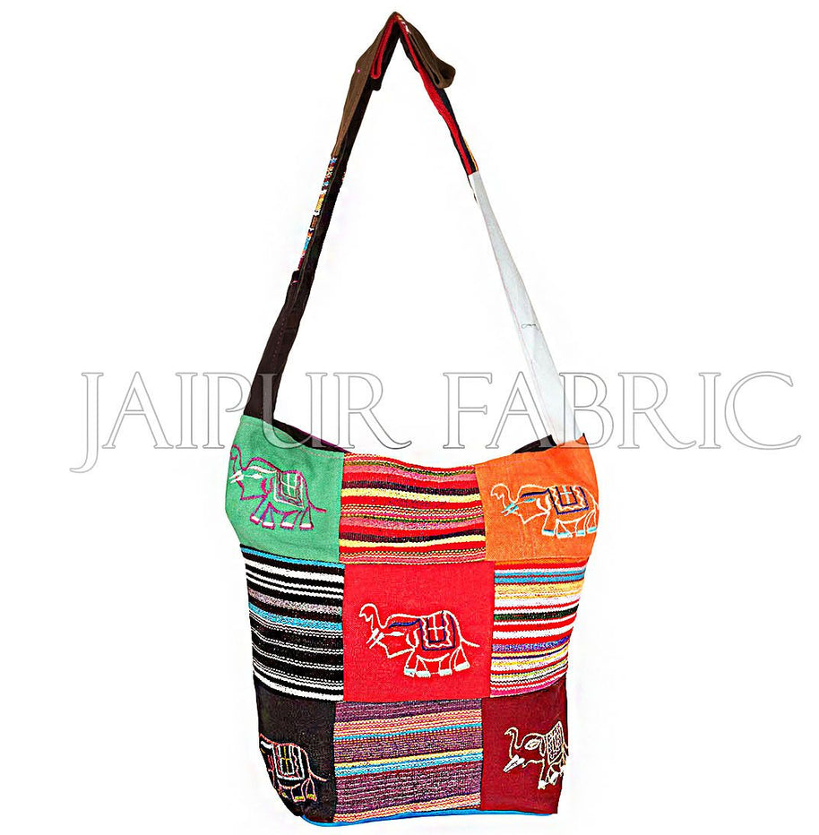 Durry Fabric Patchwork With Elephant Embroidered Sling Bag