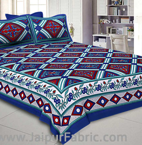 Floral diamonds blue red Double Bedsheet