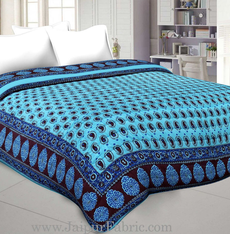 Sky Blue Border With Sky Blue Base  Coffee Color Small Paisley  Print Both Side Printed Cotton Double Quilt