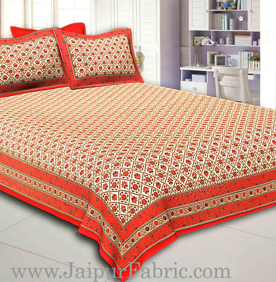 Red Border Multi floral With Golden Print Super Fine Cotton Double Bed Sheet