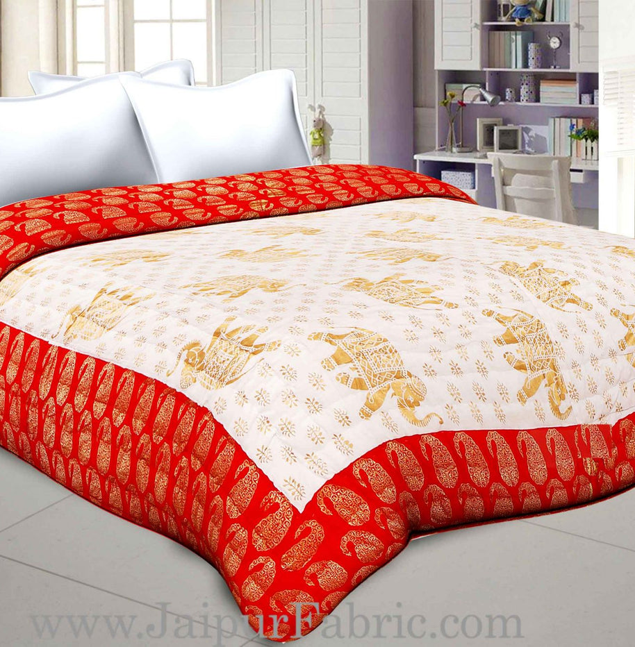 Red Border  Cream Base  With Golden Print Elephant Print Super Fine Cotton Voile(Mulmul) Both Side Printed Cotton Double Bed Quilt