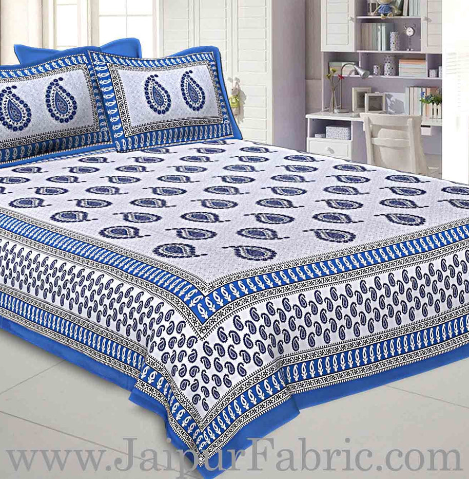 Double bedsheet Firozi Border With Paisley Print Fine Cotton With Two Pillow Cover