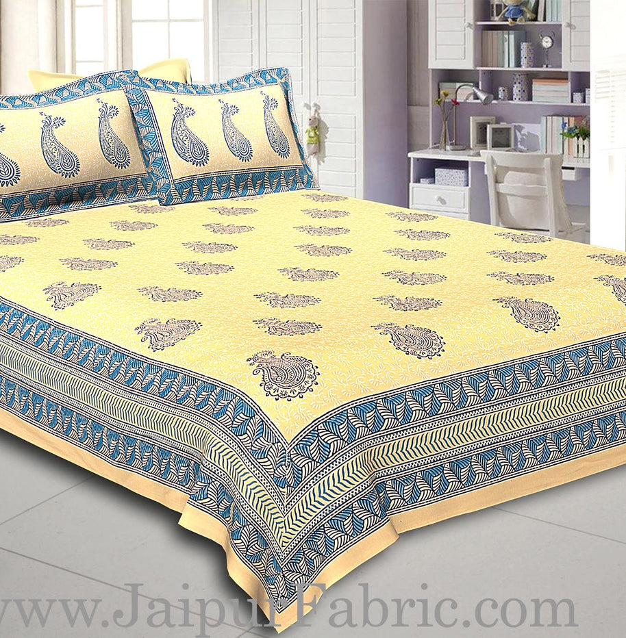 Cream Base Cream  Border Big  Blue Flower With Blue Leaf Pattern Hand Block Print Super Fine Cotton Double Bed Sheet