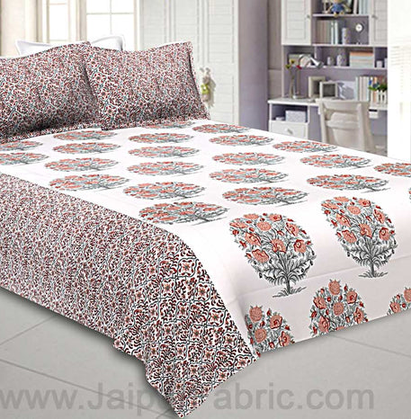 Double Bedsheet Brown Peach Floral Tree Print