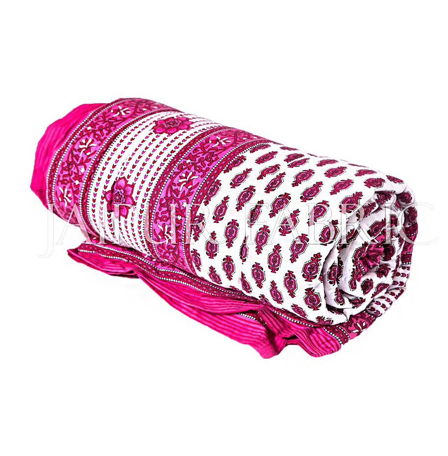 Pink Leaf Print Cotton Handmade Single Bed Jaipuri Quilt