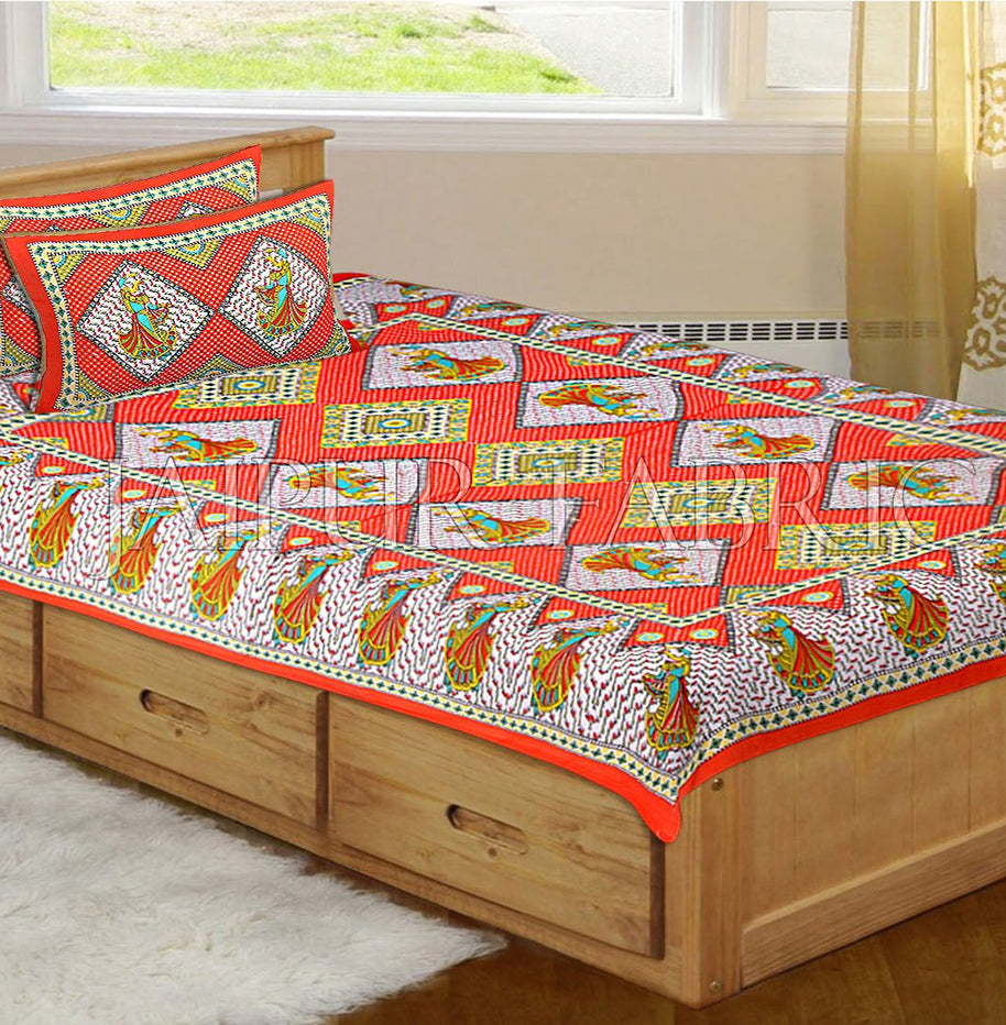 Orange base jaipur Folk dance Design Single Bed Sheet