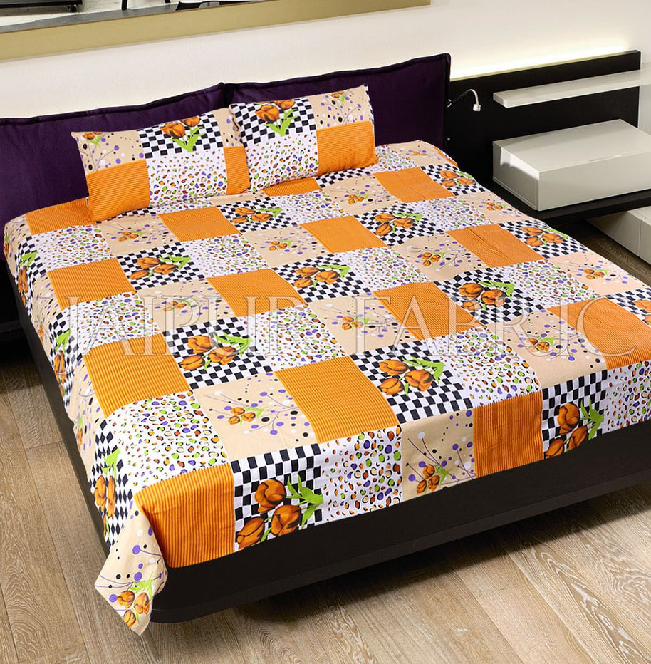 Orange Flower with Checkered Print Double Bed Sheet