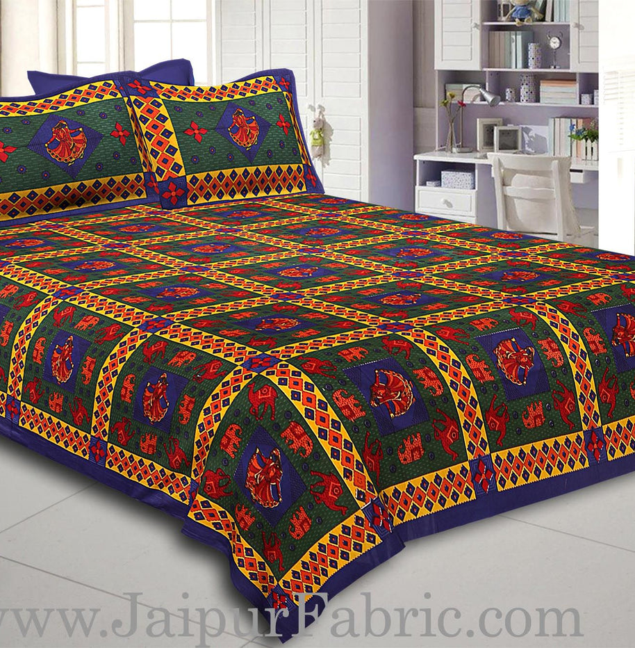 Blue Border Blue Green Base Gujri Dance In Square Pattern Cotton Double Bed Sheet