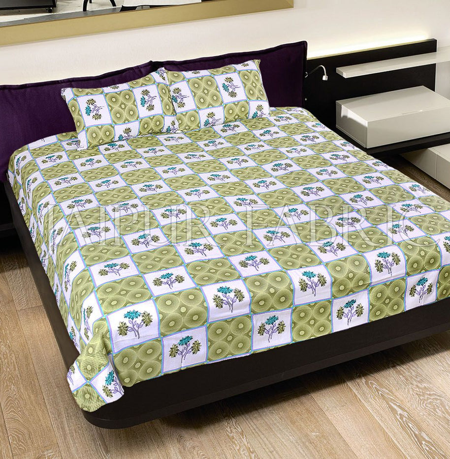 Green Circle with Floral Print Cotton Double Bed Sheet