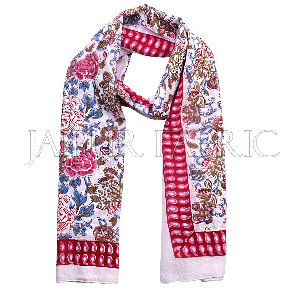 Red Border Multi Color Block Print Cotton Scarf