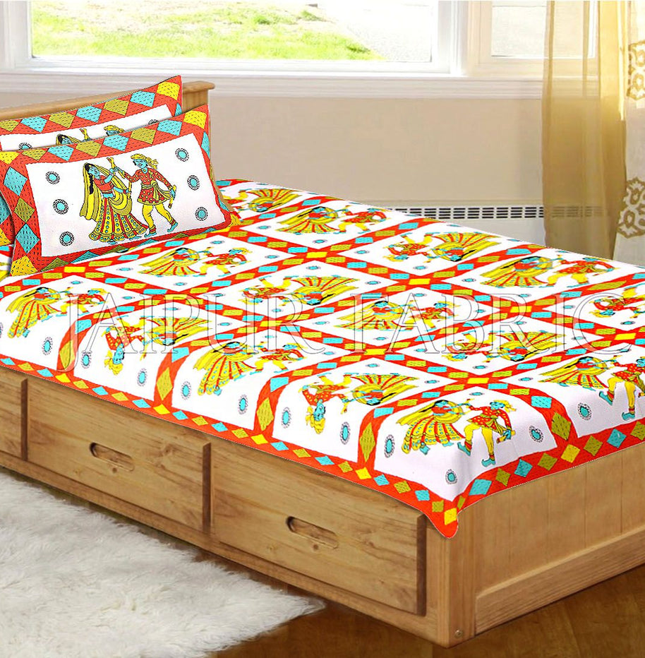 Orange Base Jaipuri Folk Dance Cotton Single Bed Sheet