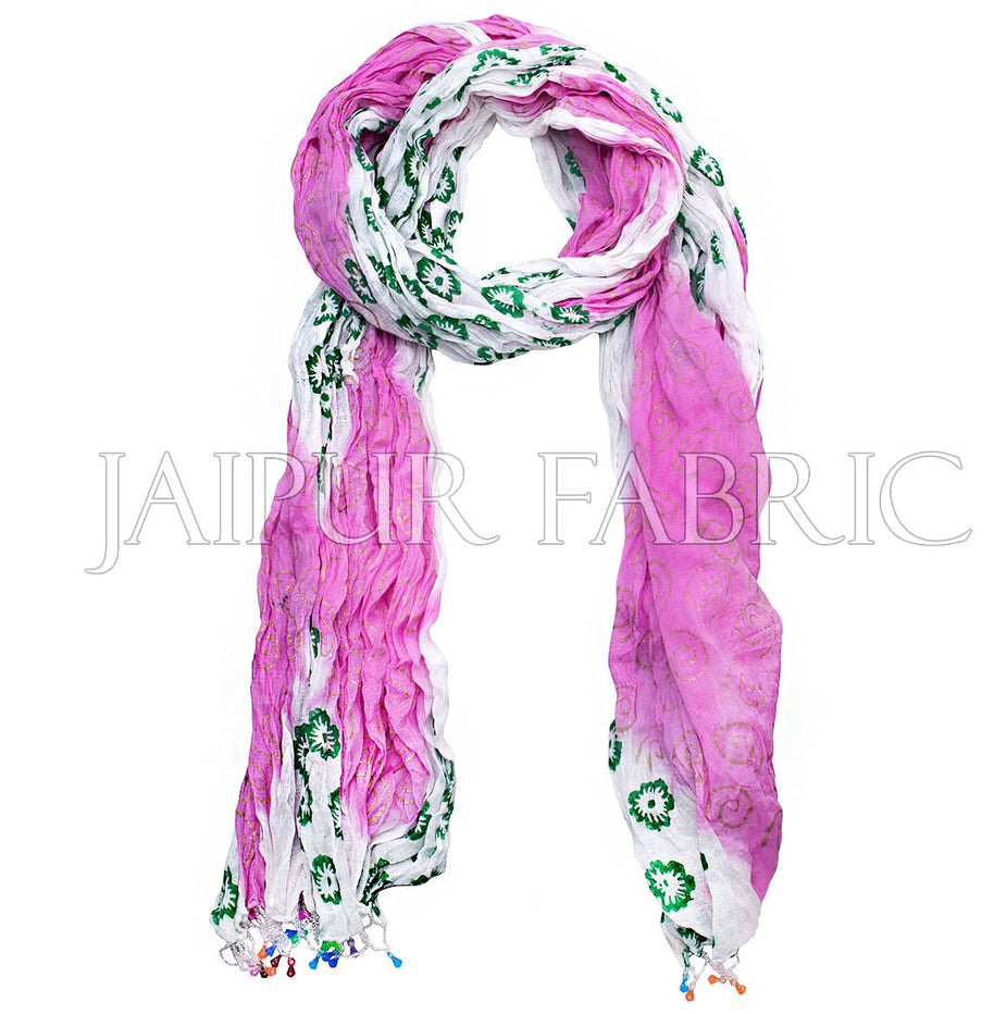 Pink and White Floral Gold Print Cotton Scarf