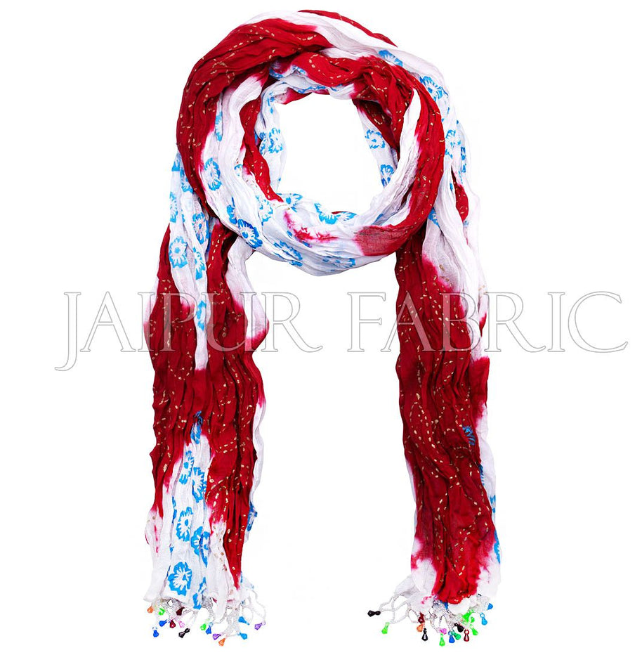 Red and White Floral Gold Print Cotton Scarf