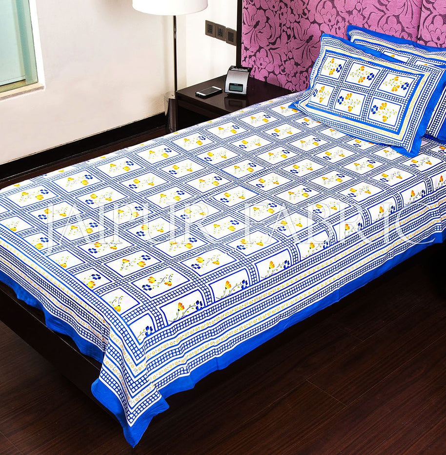 Blue Color White Base Floral Print Single Bed Sheet