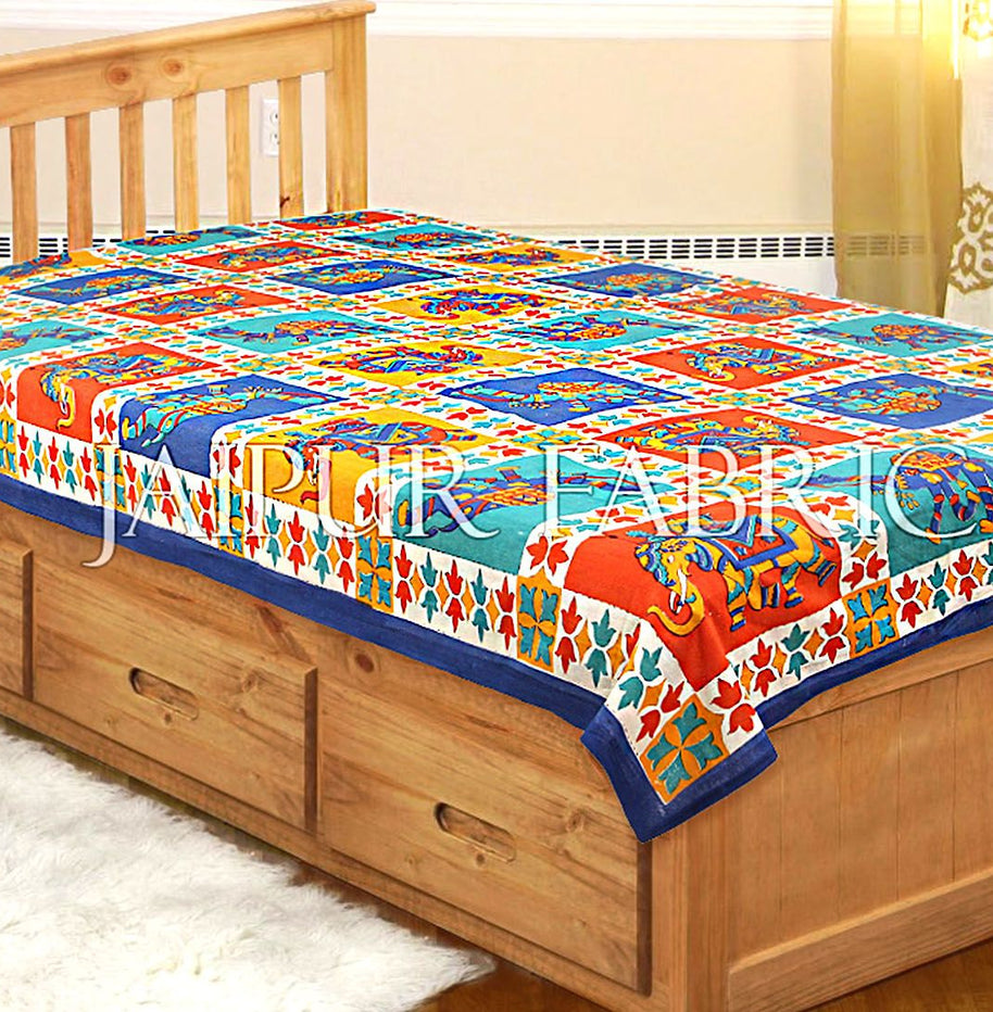 Blue Border Rajasthani Camel and Elephant block print Single Bed sheets