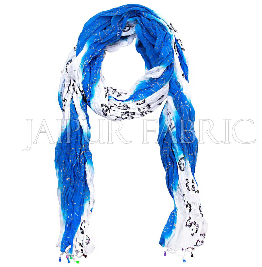 Blue and White Floral Gold Print Cotton Scarf