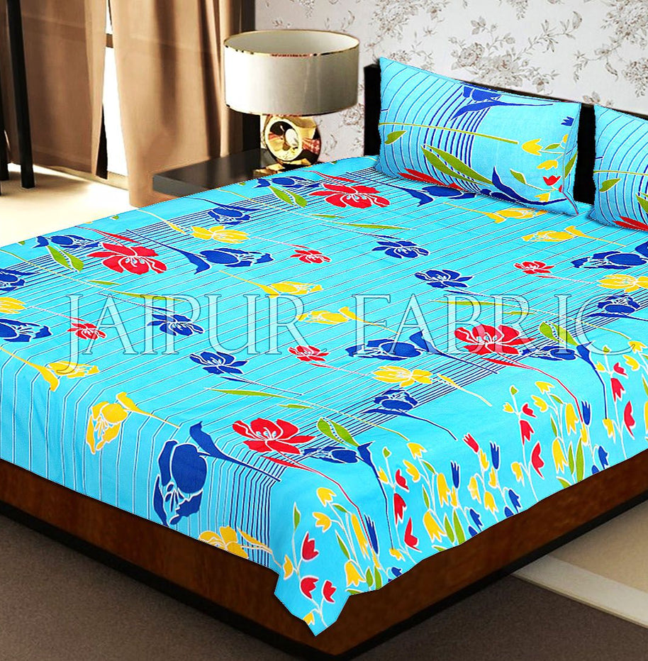 Sky Blue Base Lottos Floral Print Double Bed Sheet