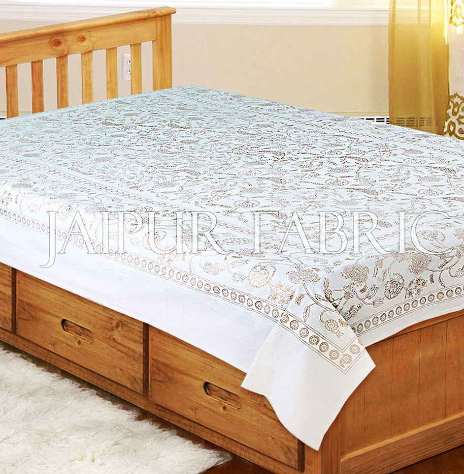 White Base With Gloden Floral hand Block Print Single Cotton Bed Sheet