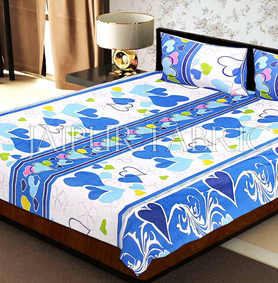 White Base Blue Heart Floral Print Double Bed Sheet