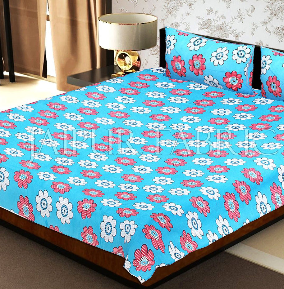 Blue Base Dotted Flower Print Double Bed Sheet