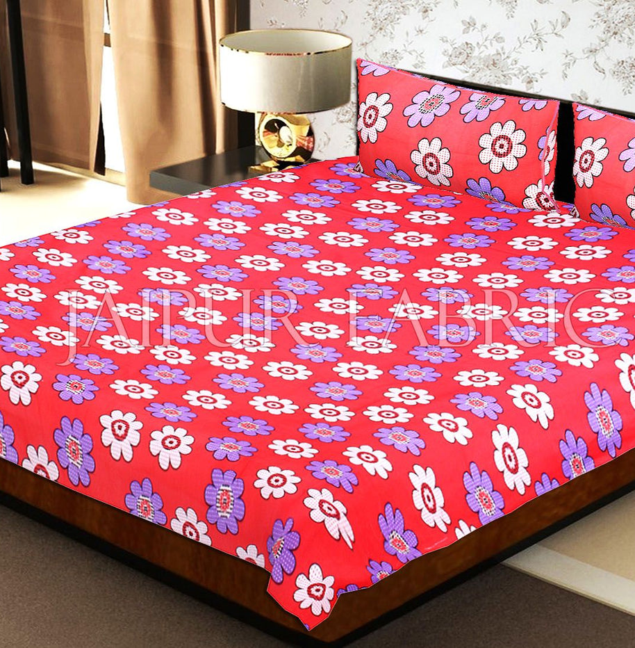 Peach Base Dotted Flower Print Double Bed Sheet