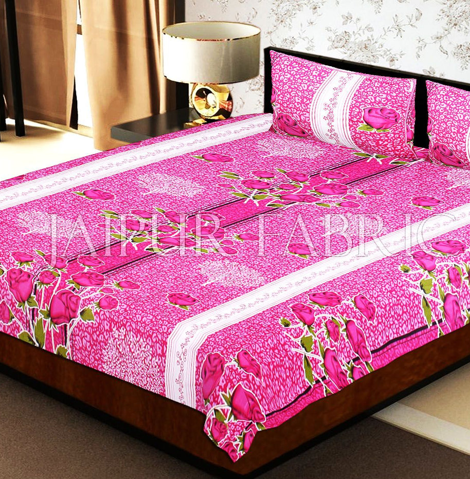 Pink Base Flower Print White Border Double Bed Sheet