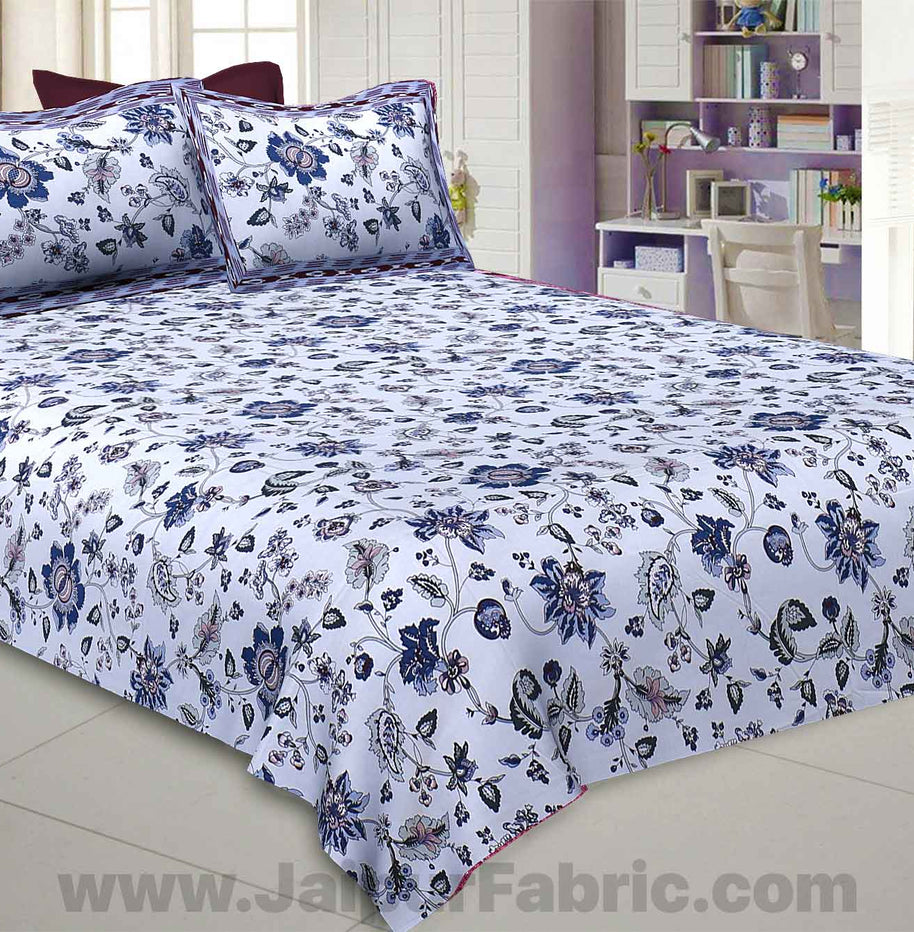 Pure Cotton 240 TC Double bedsheet in blueish floral pattern