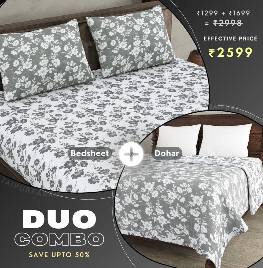 Summer Revival Grey and Off White Dohar and Bedsheet Combo