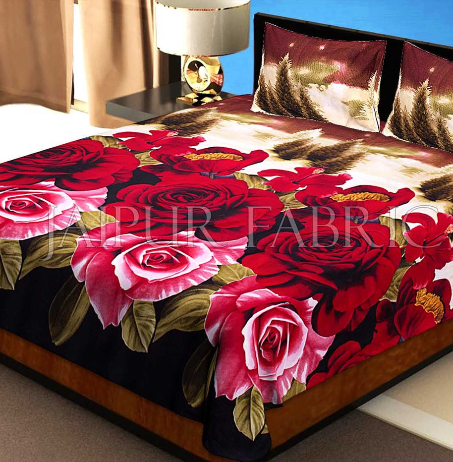 Red Floral Print Cotton Single Bed Sheet