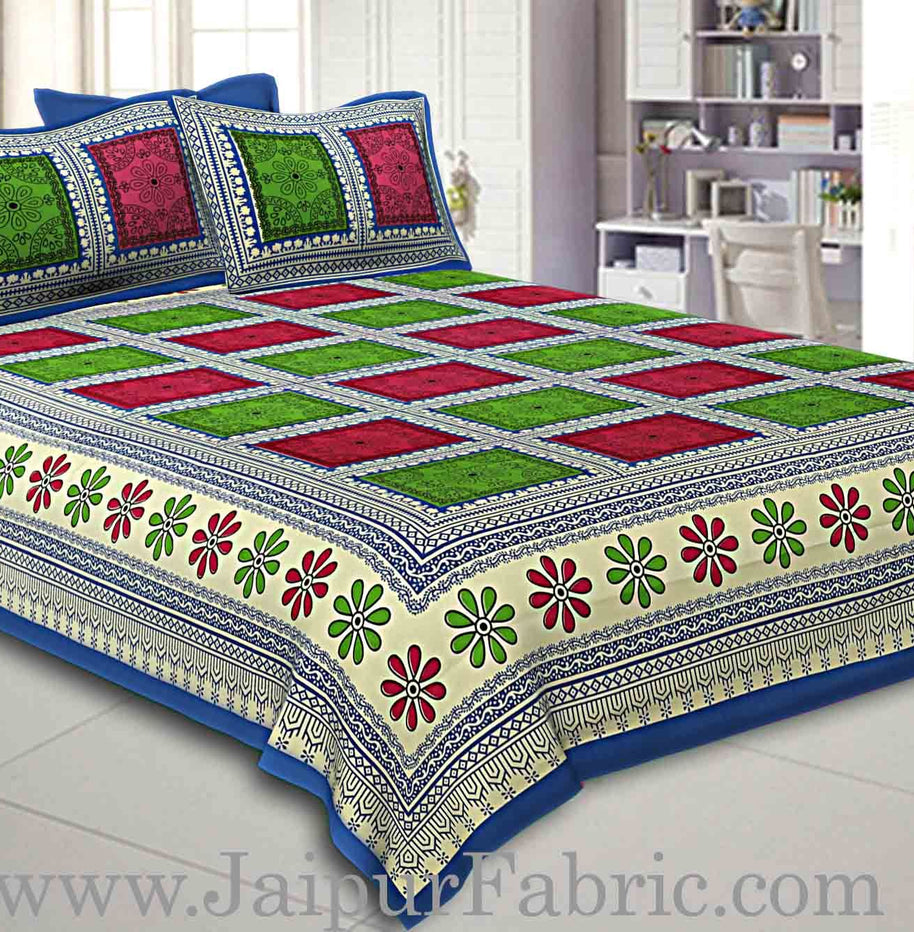 Double bedsheet  Blue Border Multi Checks Pattern Smooth Touch With 2 Pillow Cover