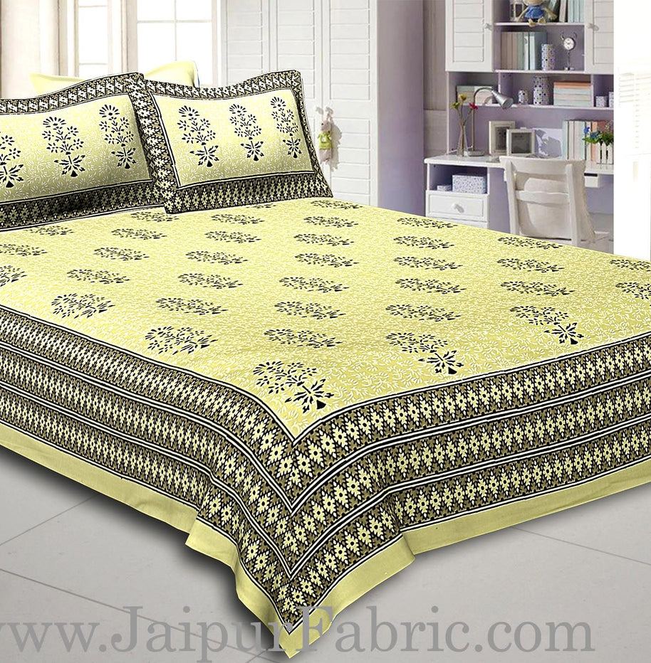 Light Green Base  Black Leaf  Pattern Hand Block Super Fine Cotton Double Bedsheet