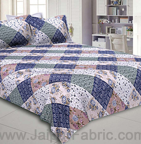 Twill Geometric Double Bedsheet Blue White Multi Floral